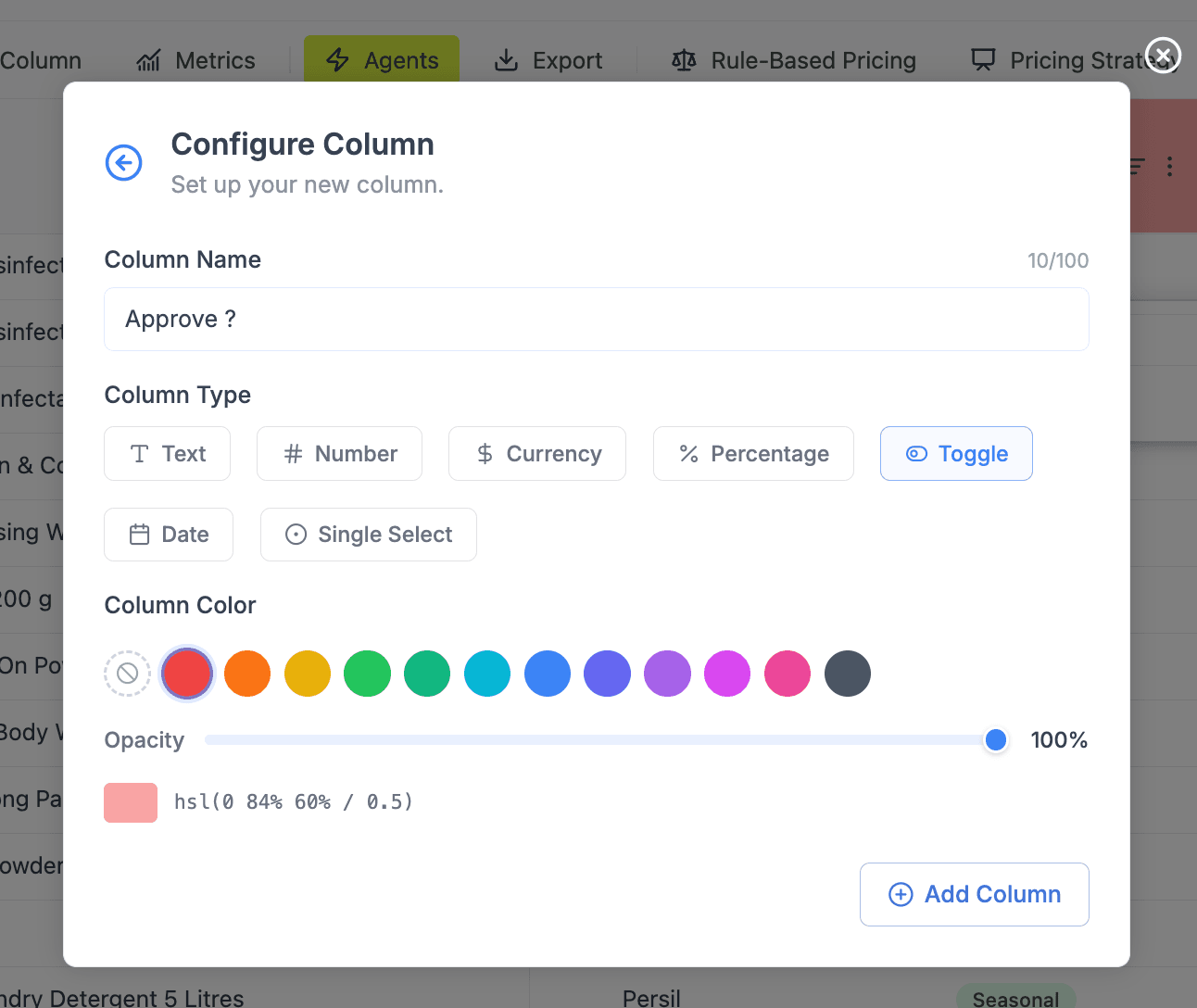Retailgrid Configure Column dialog showing column name 'Approve?' as a Toggle type, with column type and color picker options