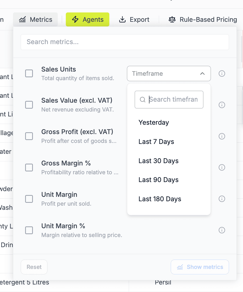 Retailgrid metrics library showing Sales Units, Sales Value, Gross Profit, Gross Margin %, Unit Margin, and Unit Margin % with timeframe selectors (Yesterday, Last 7 Days, Last 30/90/180 Days)