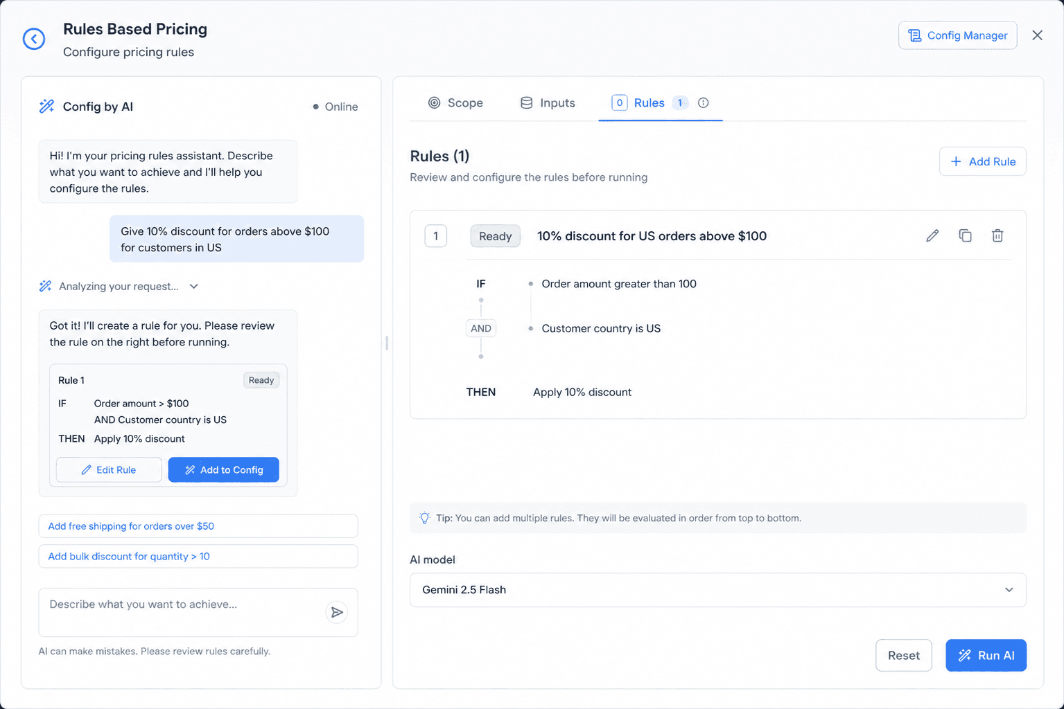 Retailgrid Config by AI dialog converting a plain-English prompt into pricing rules, with model selector and Run button