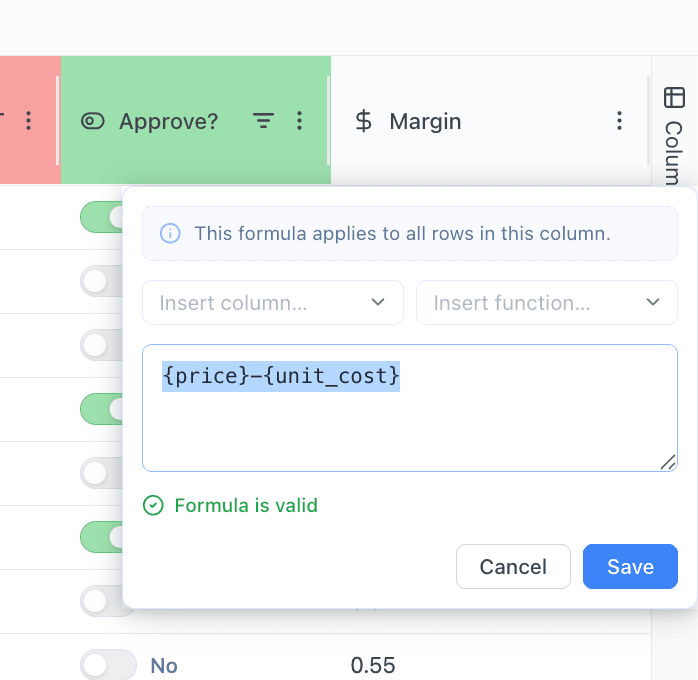 Retailgrid column formula editor showing a margin formula referencing the price and unit_cost columns, with a Formula is valid confirmation